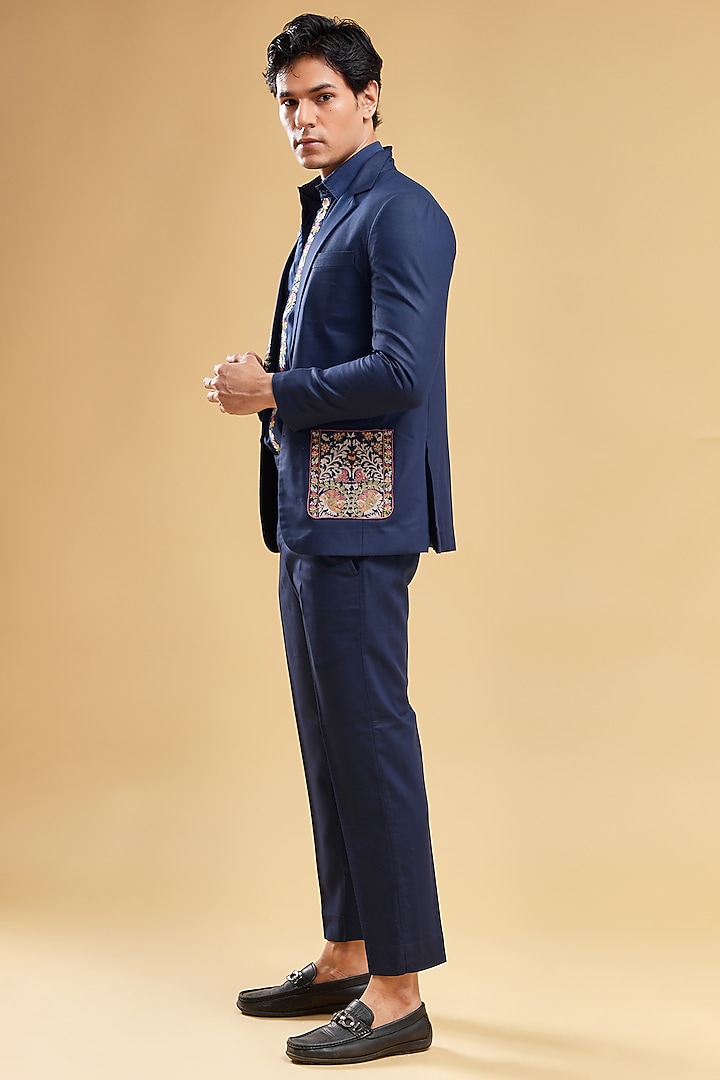 Navy Blue Suiting Hand Embroidered Blazer Set by Pasqo Label at Pernia's Pop Up Shop