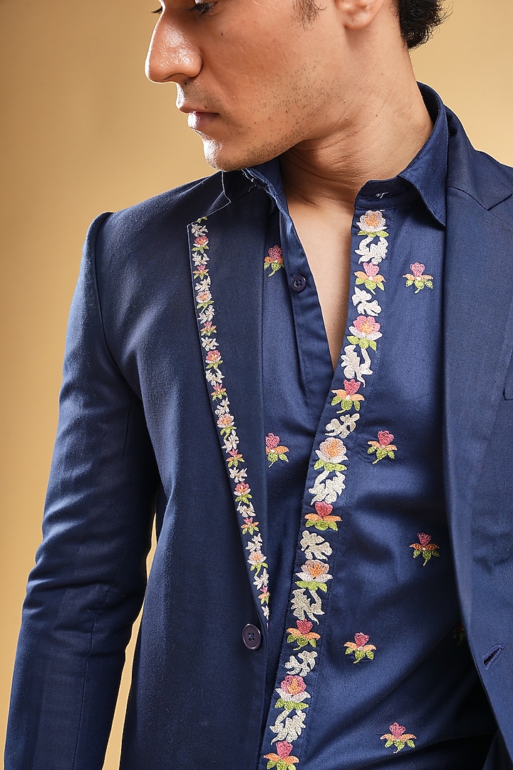 Navy Blue Suiting Hand Embroidered Blazer Set by Pasqo Label at Pernia's Pop Up Shop
