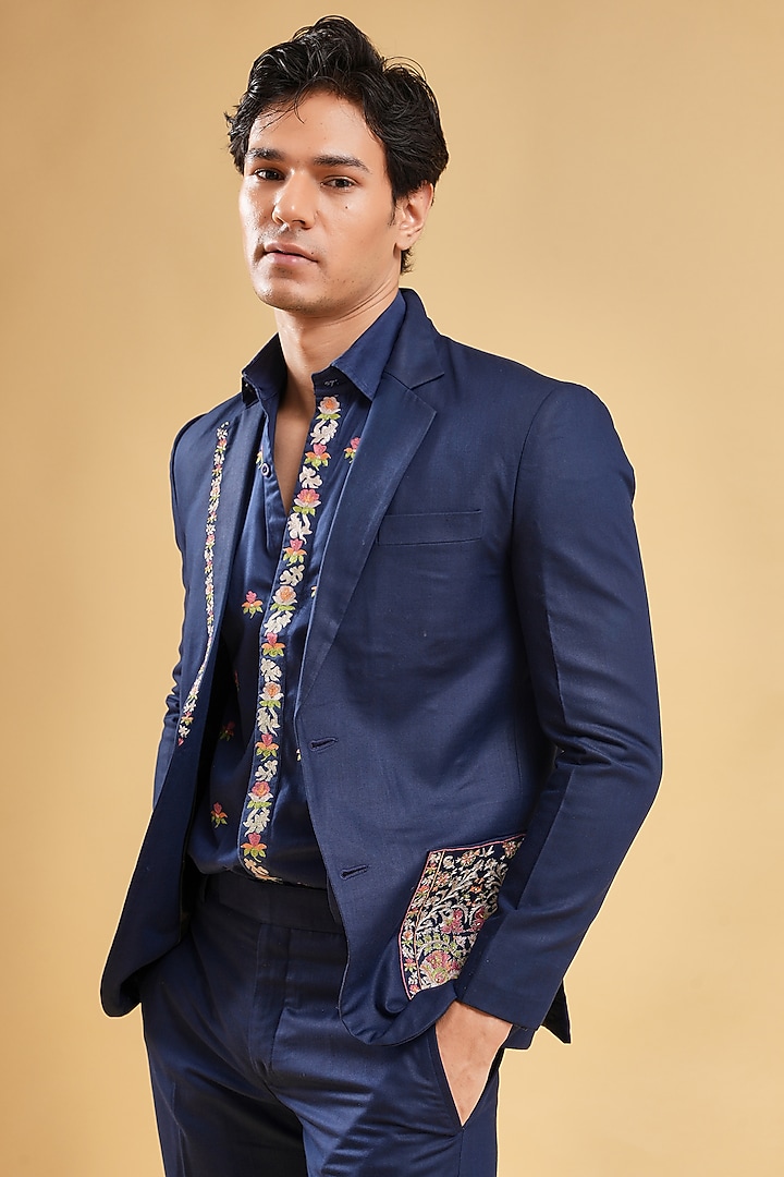 Navy Blue Suiting Hand Embroidered Blazer Set by Pasqo Label at Pernia's Pop Up Shop