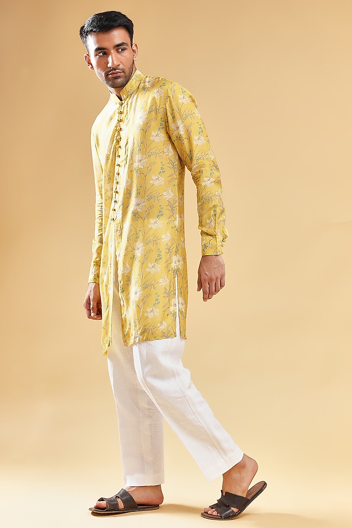 Yellow Silk Floral Printed Kurta Set by Pasqo Label