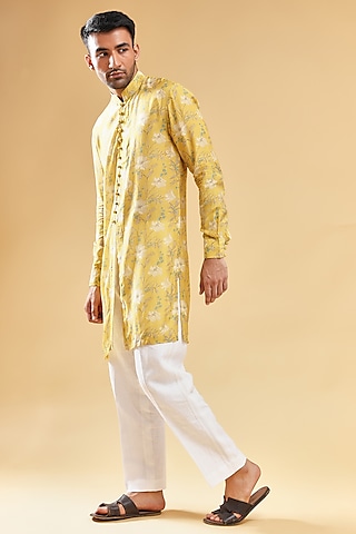 Yellow Silk Floral Printed Kurta Set by Pasqo Label