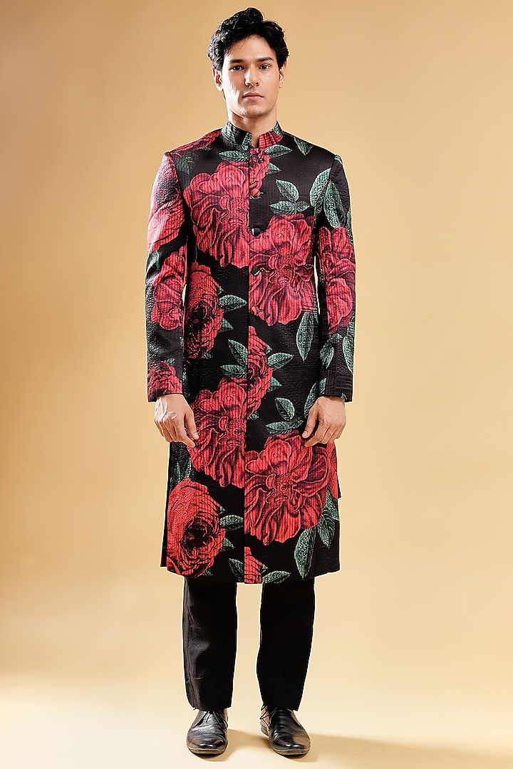 Red Silk Blend Embroidered & Printed Sherwani Set by Pasqo Label