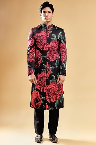 Red Silk Blend Floral Printed & Textured Embroidered Sherwani Set by Pasqo Label