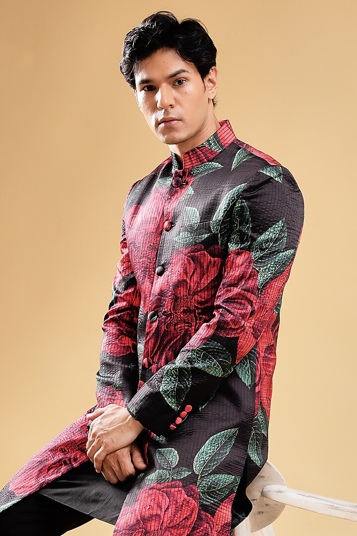 Red Silk Blend Floral Printed & Textured Embroidered Wedding Sherwani Set by Pasqo Label at Pernia's Pop Up Shop