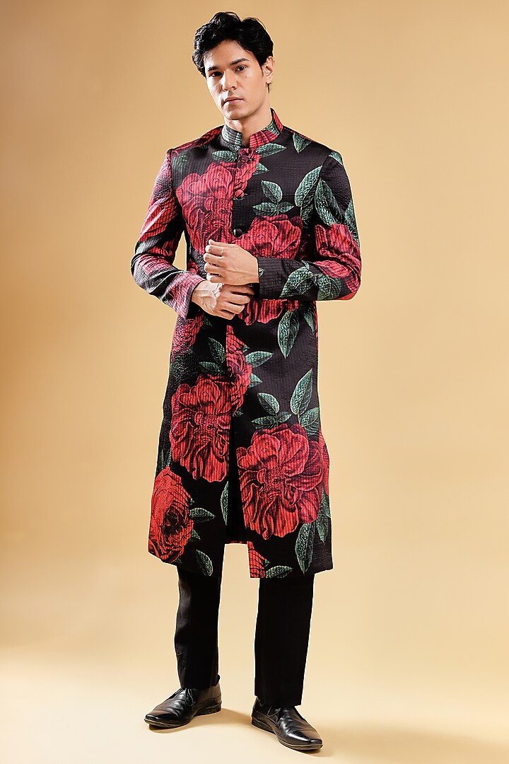 Red Silk Blend Floral Printed & Textured Embroidered Wedding Sherwani Set by Pasqo Label at Pernia's Pop Up Shop