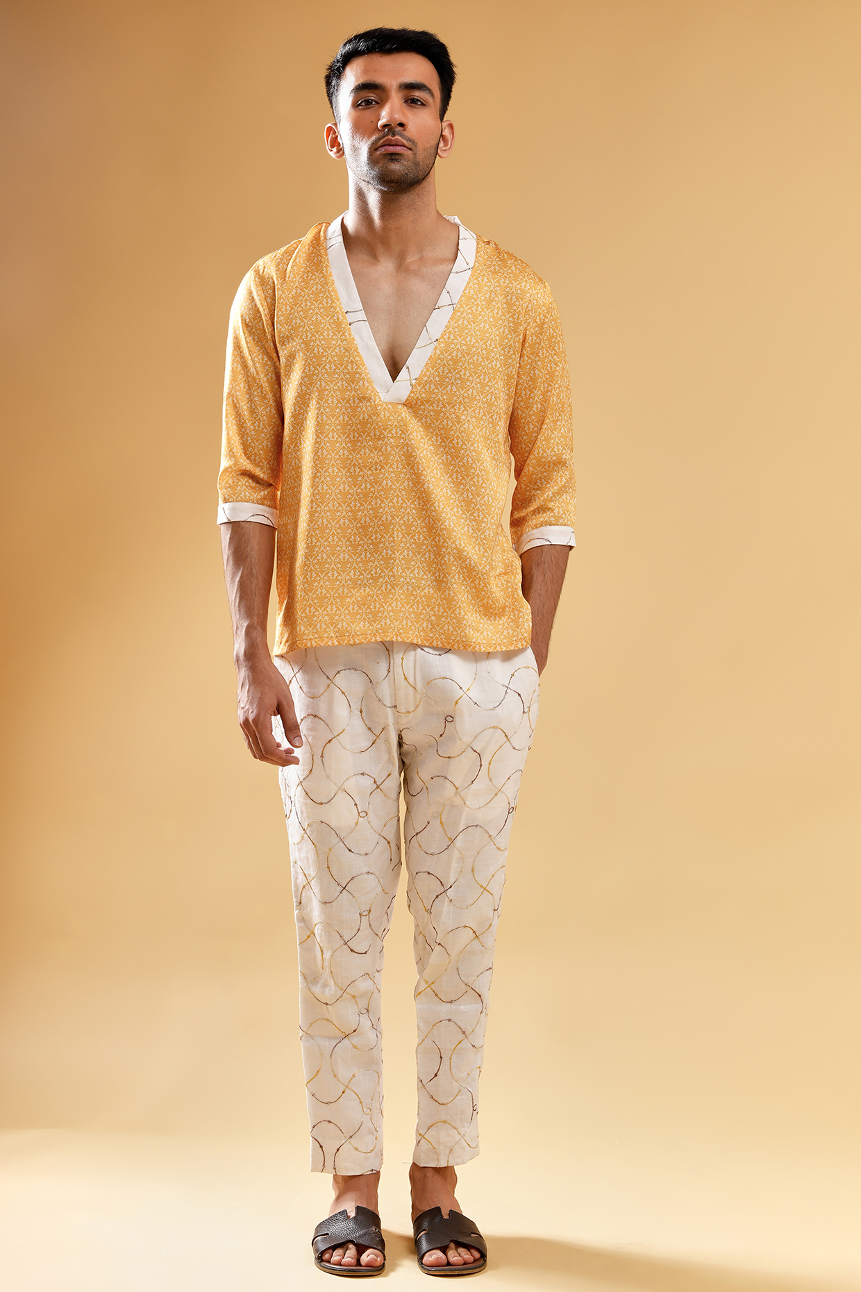 Yellow Silk Digital Printed Kurta Set by Pasqo Label