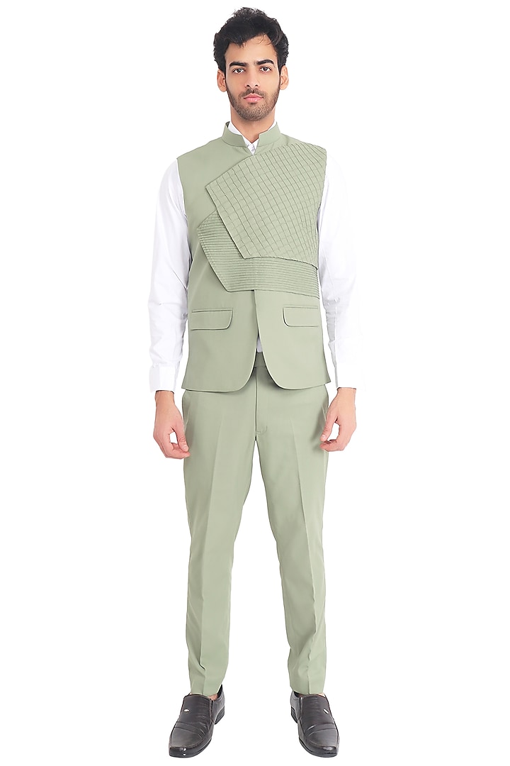 Green Suiting Textured Waistcoat Set by Pasqo Label