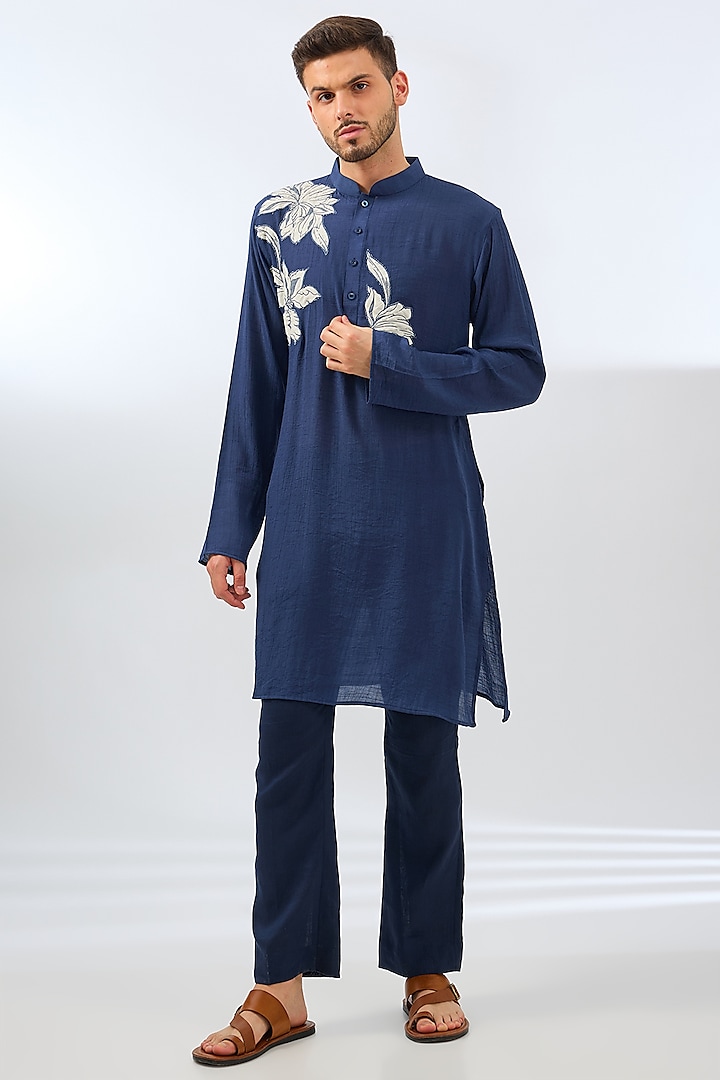 Blue Crepe Machine Embroidered Kurta Set by Pasqo Label