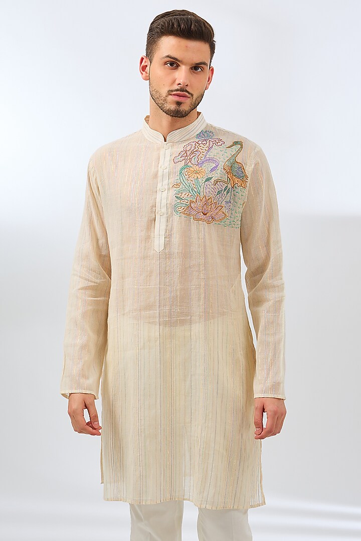 Beige Cotton Thread Machine Embroidered Kurta Set by Pasqo Label at Pernia's Pop Up Shop