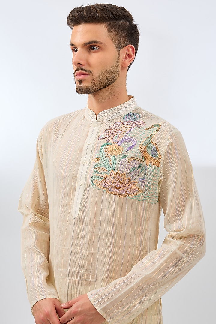 Beige Cotton Thread Machine Embroidered Kurta Set by Pasqo Label at Pernia's Pop Up Shop