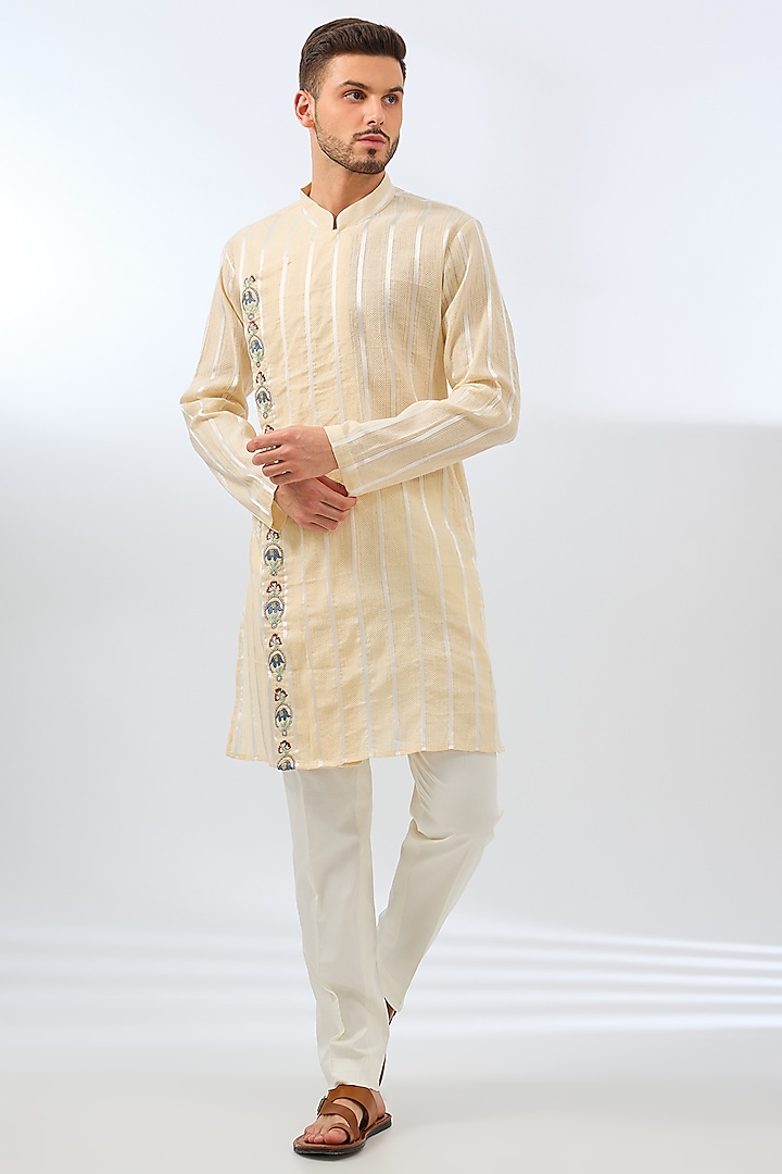 Beige Cotton Thread Machine Embroidered Kurta Set by Pasqo Label