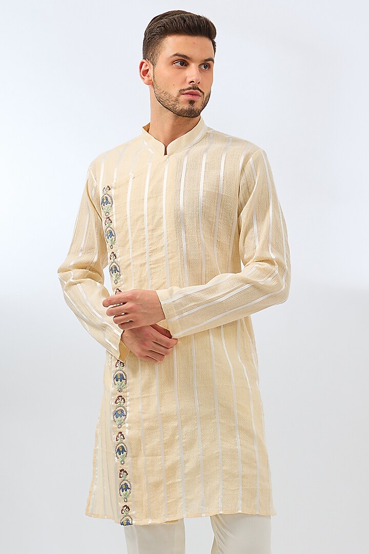 Beige Cotton Thread Machine Embroidered Kurta Set by Pasqo Label at Pernia's Pop Up Shop