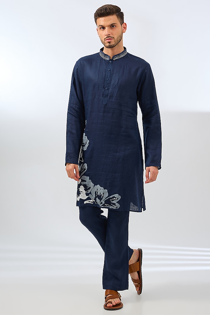 Blue Linen Machine Embroidered Kurta Set by Pasqo Label