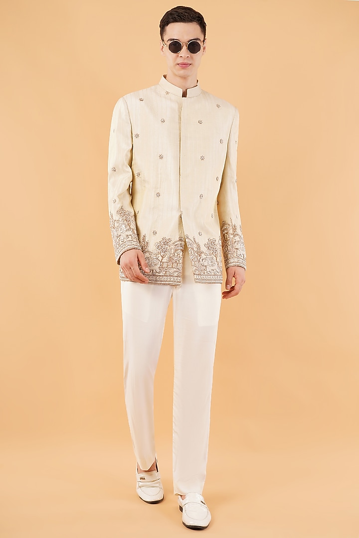 Ivory Silk Hand & Machine Embroidered Wedding Bandhgala Set by Pasqo Label at Pernia's Pop Up Shop
