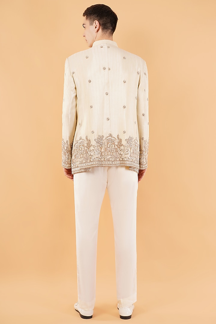 Ivory Silk Hand & Machine Embroidered Wedding Bandhgala Set by Pasqo Label at Pernia's Pop Up Shop