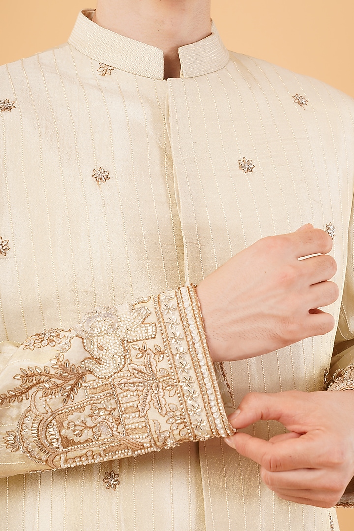 Ivory Silk Hand & Machine Embroidered Wedding Bandhgala Set by Pasqo Label at Pernia's Pop Up Shop