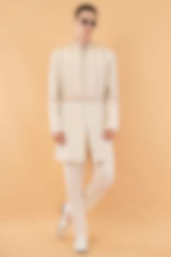 Ivory Silk Hand & Machine Embroidered Groom Sherwani Set by Pasqo Label at Pernia's Pop Up Shop