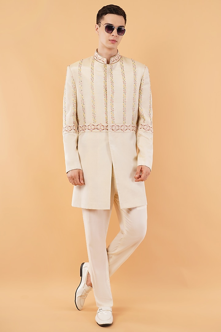 Ivory Silk Hand & Machine Embroidered Groom Sherwani Set by Pasqo Label at Pernia's Pop Up Shop