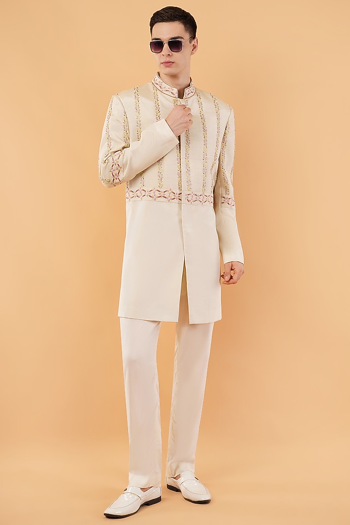 Ivory Silk Hand & Machine Embroidered Groom Sherwani Set by Pasqo Label at Pernia's Pop Up Shop