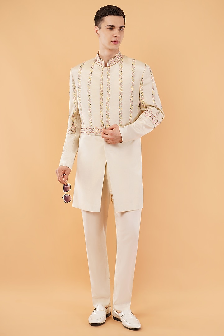 Ivory Silk Hand & Machine Embroidered Groom Sherwani Set by Pasqo Label at Pernia's Pop Up Shop