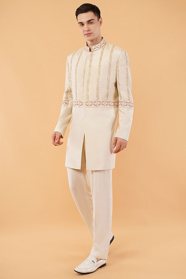 Ivory Silk Hand & Machine Embroidered Groom Sherwani Set by Pasqo Label at Pernia's Pop Up Shop