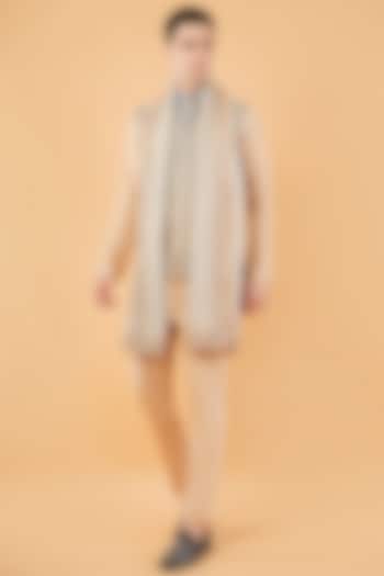 Beige-Blue Chanderi Silk Embroidered Waistcoat Set by Pasqo Label at Pernia's Pop Up Shop