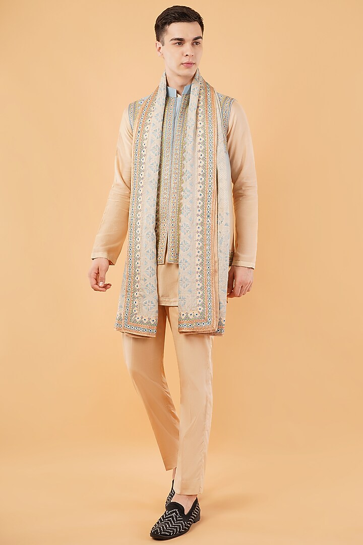 Beige-Blue Chanderi Silk Embroidered Waistcoat Set by Pasqo Label at Pernia's Pop Up Shop