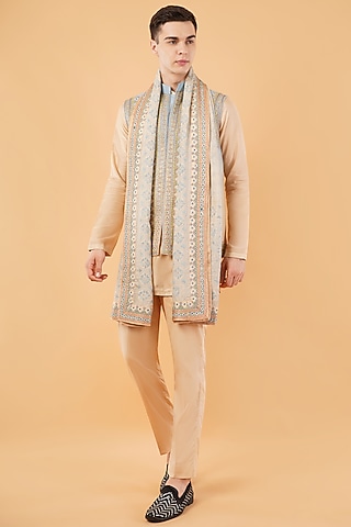 Beige-Blue Chanderi Silk Embroidered Waistcoat Set by Pasqo Label