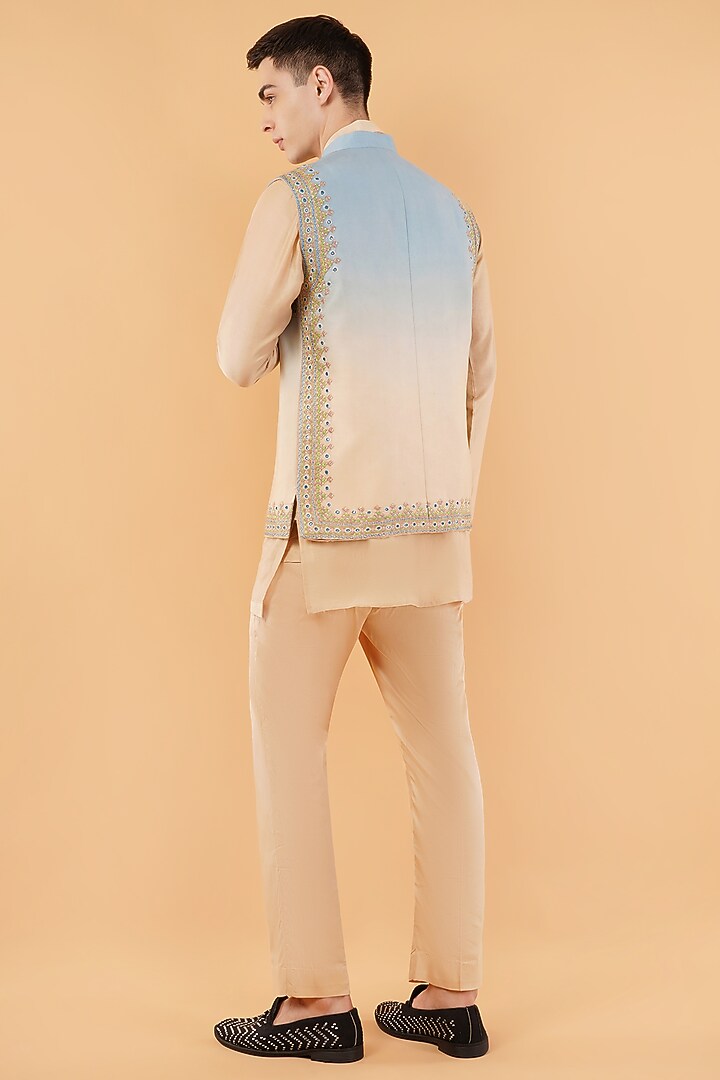 Beige-Blue Chanderi Silk Embroidered Waistcoat Set by Pasqo Label at Pernia's Pop Up Shop