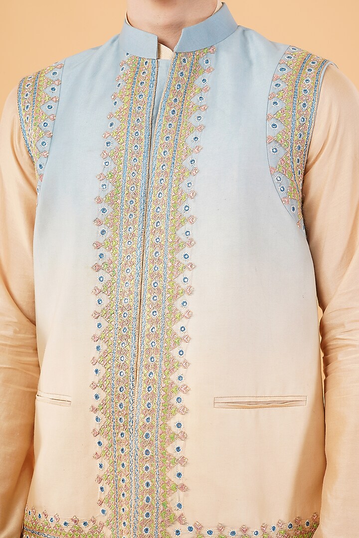 Beige-Blue Chanderi Silk Embroidered Waistcoat Set by Pasqo Label at Pernia's Pop Up Shop