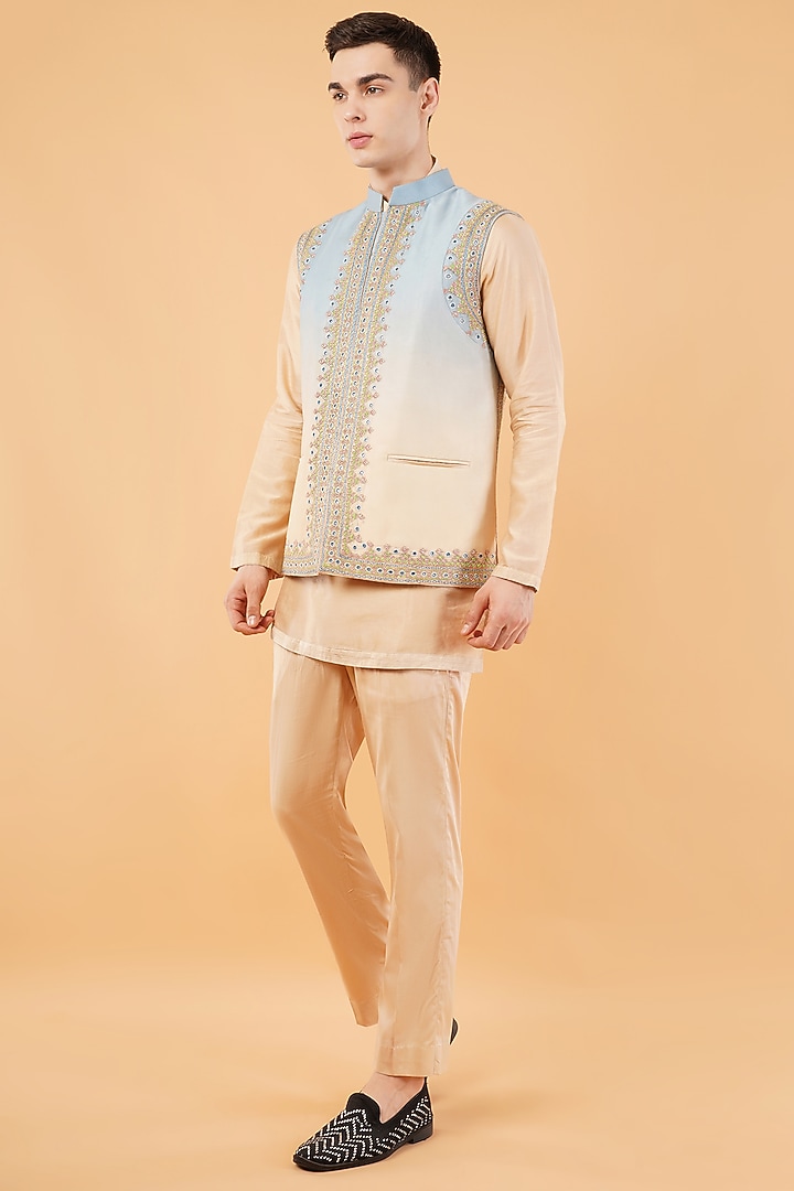 Beige-Blue Chanderi Silk Embroidered Waistcoat Set by Pasqo Label at Pernia's Pop Up Shop