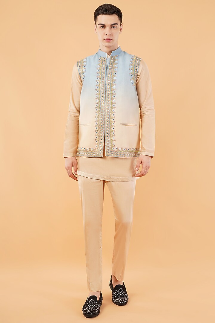 Beige-Blue Chanderi Silk Embroidered Waistcoat Set by Pasqo Label at Pernia's Pop Up Shop