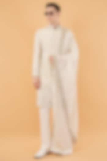 Ivory Silk Hand & Machine Embroidered Groom Sherwani Set by Pasqo Label at Pernia's Pop Up Shop