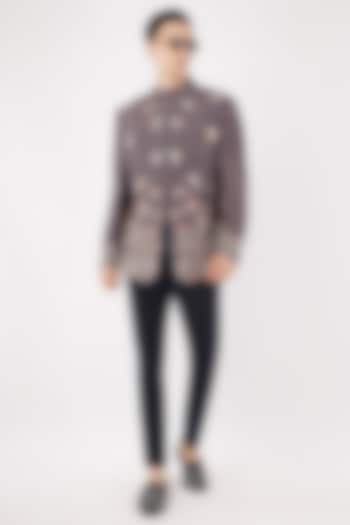 Navy Blue Silk Hand & Machine Embroidered Groom Bandhgala Set by Pasqo Label at Pernia's Pop Up Shop