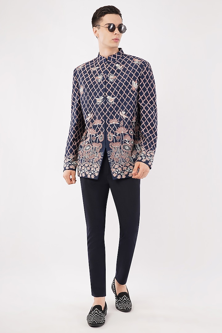 Navy Blue Silk Hand & Machine Embroidered Groom Bandhgala Set by Pasqo Label at Pernia's Pop Up Shop