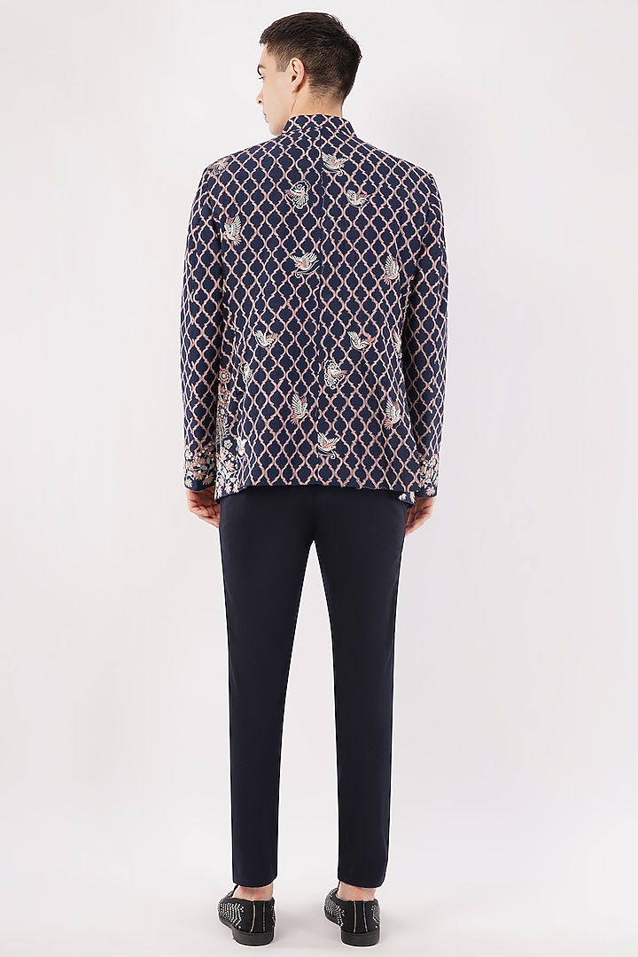 Navy Blue Silk Hand & Machine Embroidered Groom Bandhgala Set by Pasqo Label at Pernia's Pop Up Shop