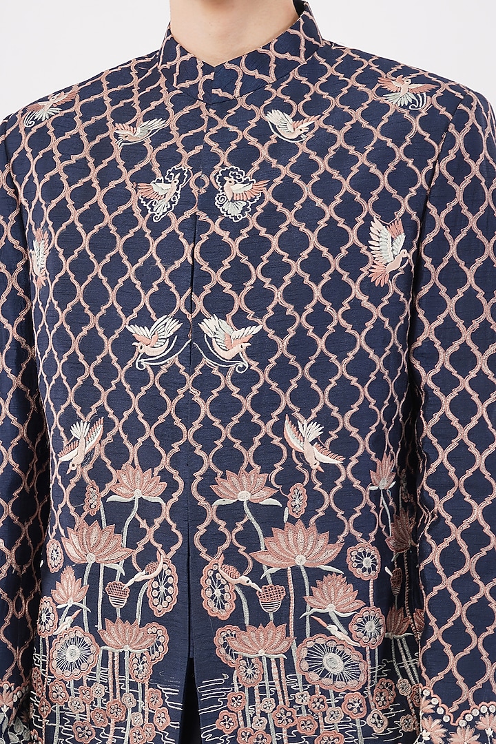 Navy Blue Silk Hand & Machine Embroidered Groom Bandhgala Set by Pasqo Label at Pernia's Pop Up Shop
