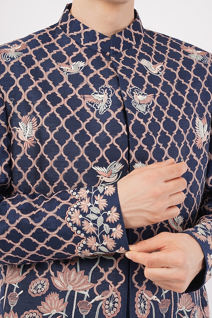 Navy Blue Silk Hand & Machine Embroidered Groom Bandhgala Set by Pasqo Label at Pernia's Pop Up Shop