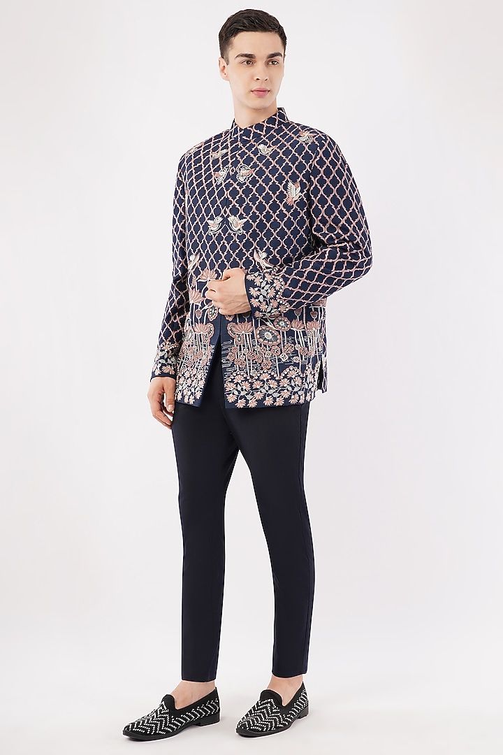 Navy Blue Silk Hand & Machine Embroidered Groom Bandhgala Set by Pasqo Label at Pernia's Pop Up Shop