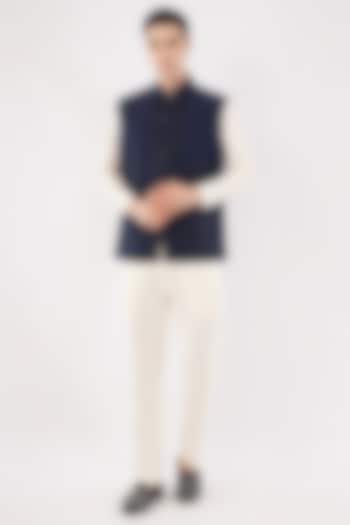 Navy Blue Silk Embroidered Waistcoat Set by Pasqo Label at Pernia's Pop Up Shop