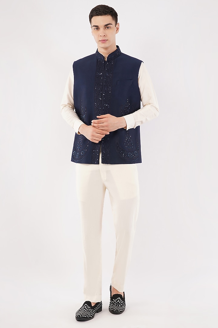 Navy Blue Silk Embroidered Waistcoat Set by Pasqo Label at Pernia's Pop Up Shop
