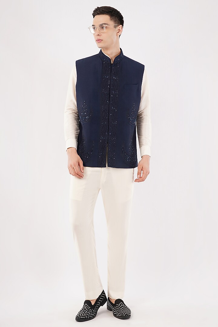 Navy Blue Silk Embroidered Waistcoat Set by Pasqo Label at Pernia's Pop Up Shop