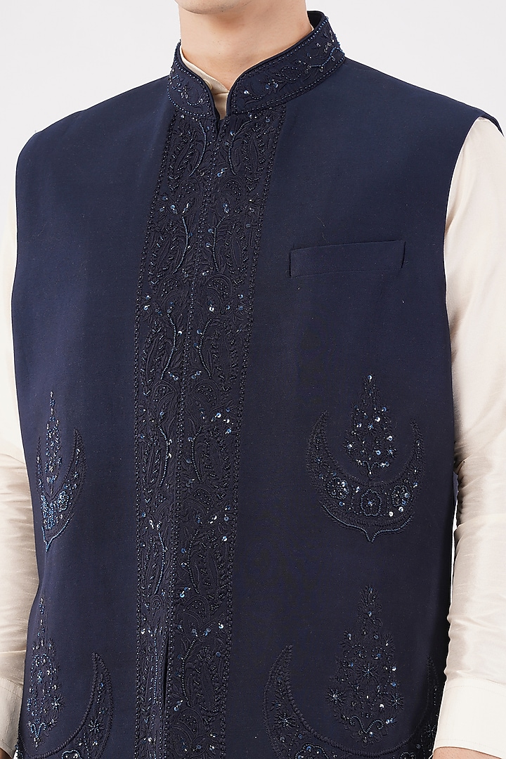 Navy Blue Silk Embroidered Waistcoat Set by Pasqo Label at Pernia's Pop Up Shop