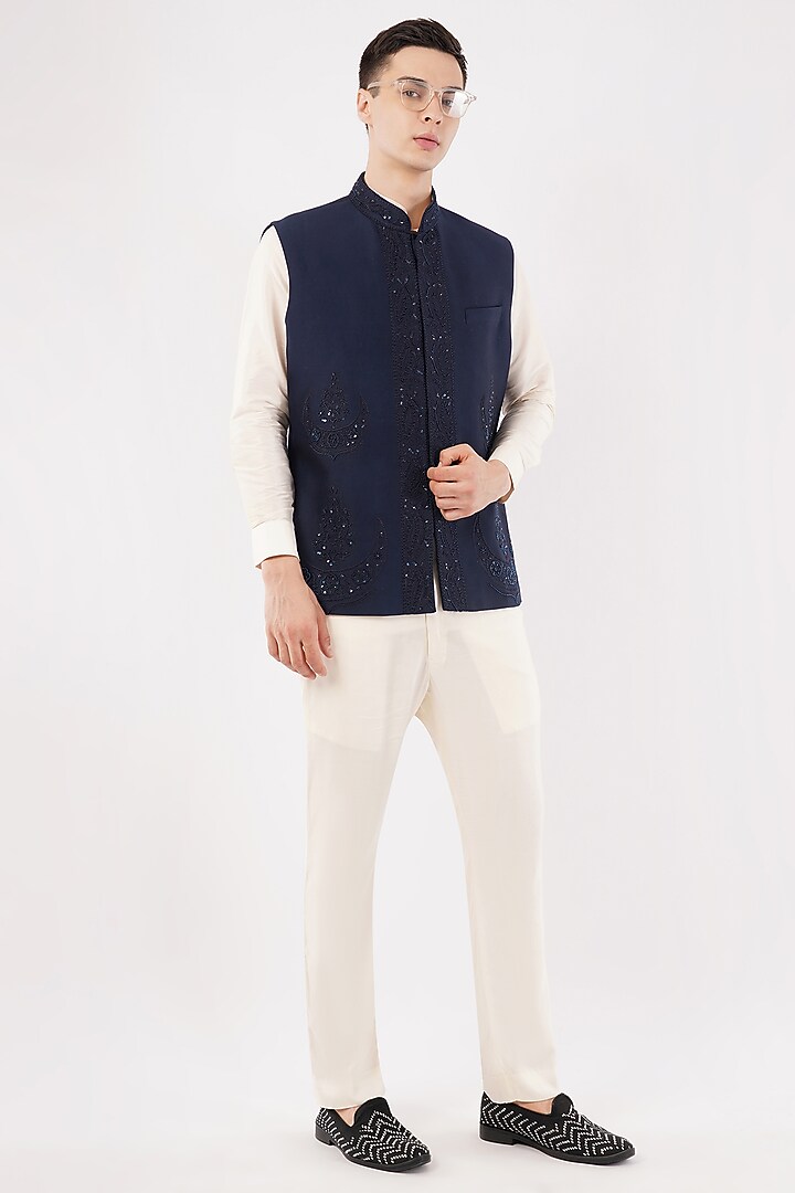 Navy Blue Silk Embroidered Waistcoat Set by Pasqo Label at Pernia's Pop Up Shop