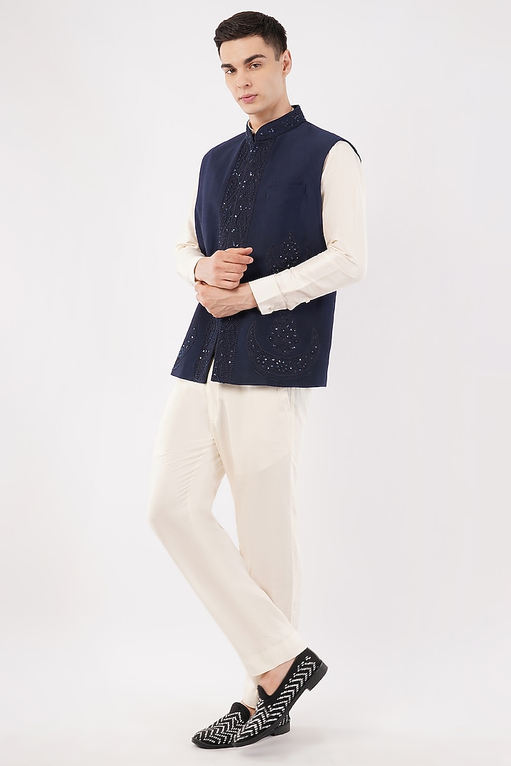 Navy Blue Silk Embroidered Waistcoat Set by Pasqo Label at Pernia's Pop Up Shop