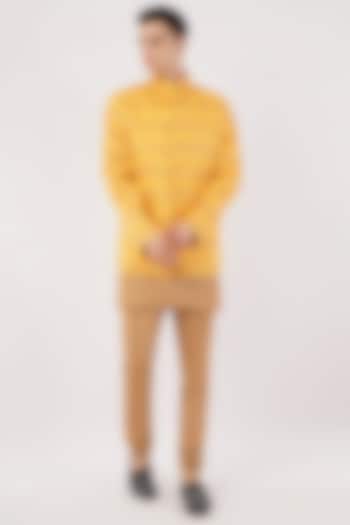 Yellow Silk Machine Embroidered Wedding Bandhgala Set by Pasqo Label at Pernia's Pop Up Shop