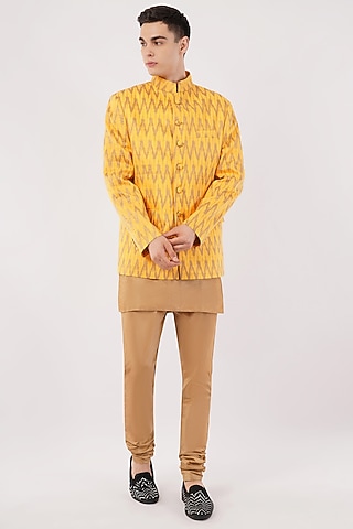 Yellow Silk Machine Embroidered Bandhgala Set by Pasqo Label