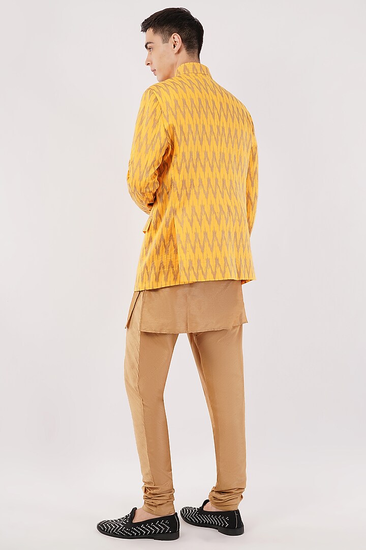 Yellow Silk Machine Embroidered Wedding Bandhgala Set by Pasqo Label at Pernia's Pop Up Shop