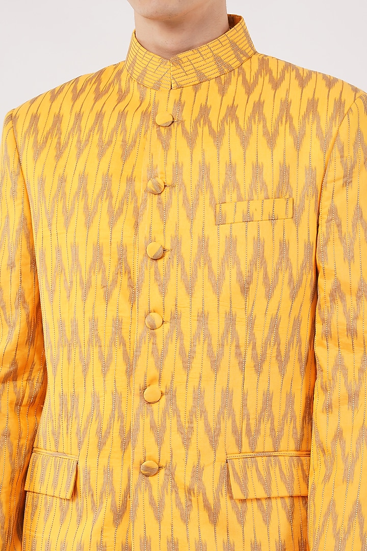 Yellow Silk Machine Embroidered Wedding Bandhgala Set by Pasqo Label at Pernia's Pop Up Shop