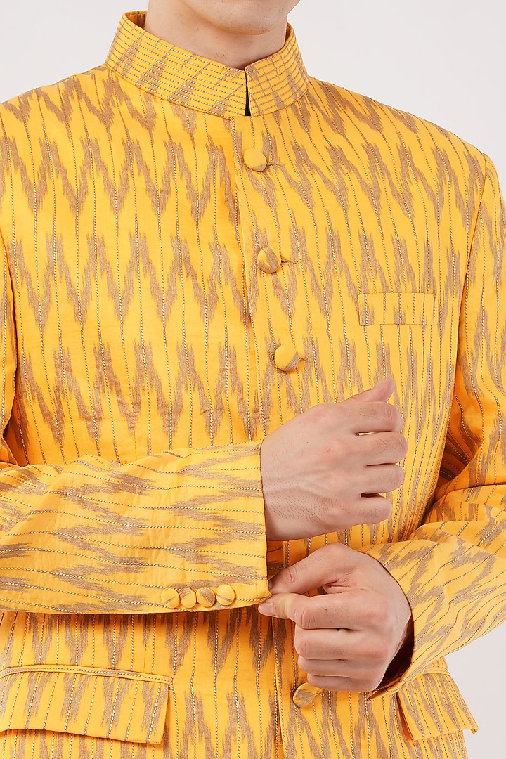 Yellow Silk Machine Embroidered Wedding Bandhgala Set by Pasqo Label at Pernia's Pop Up Shop